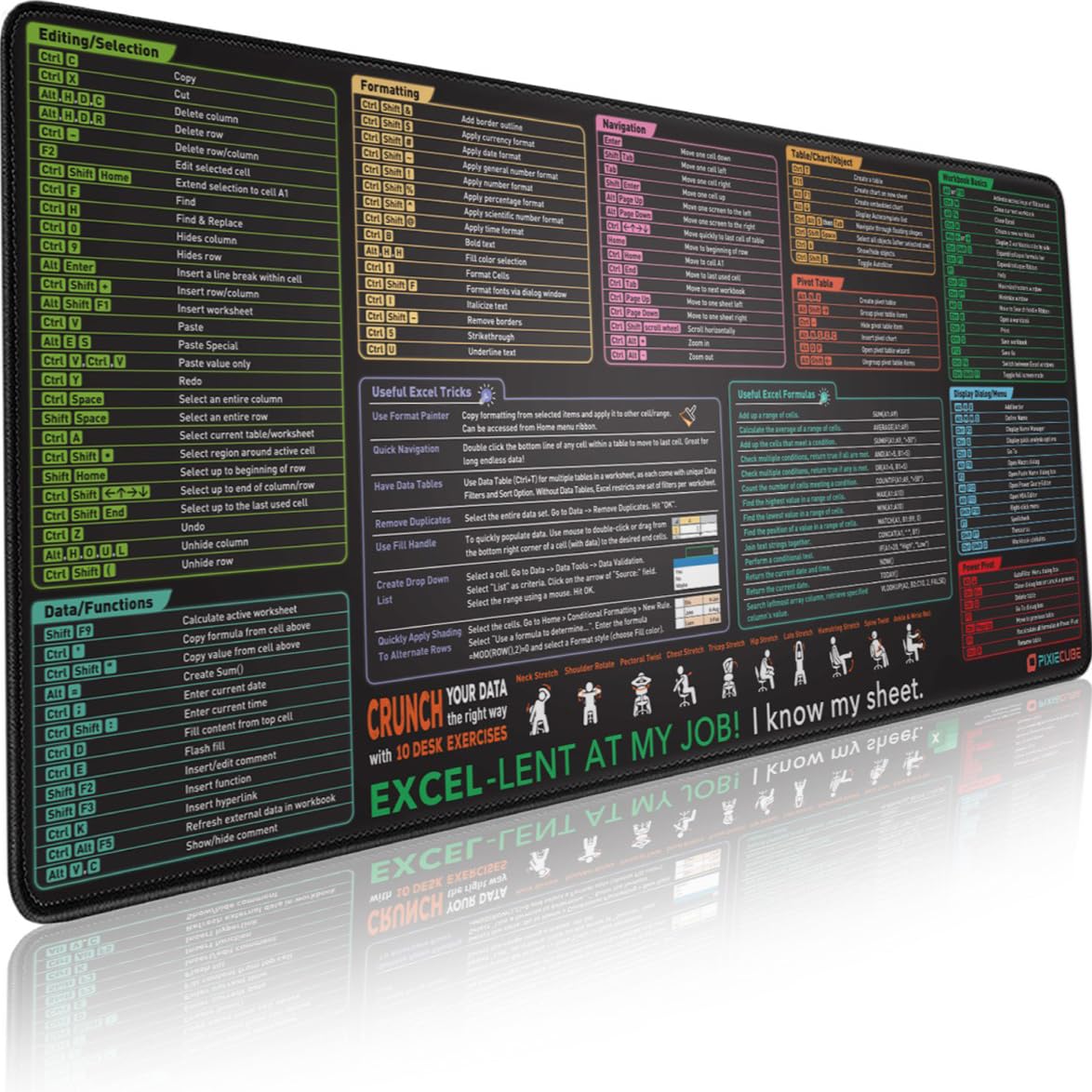 Pixiecube Excel Shortcut Keys Mouse Pad - Extended Large XXL Cheat Sheet Gaming Mousepad | PC