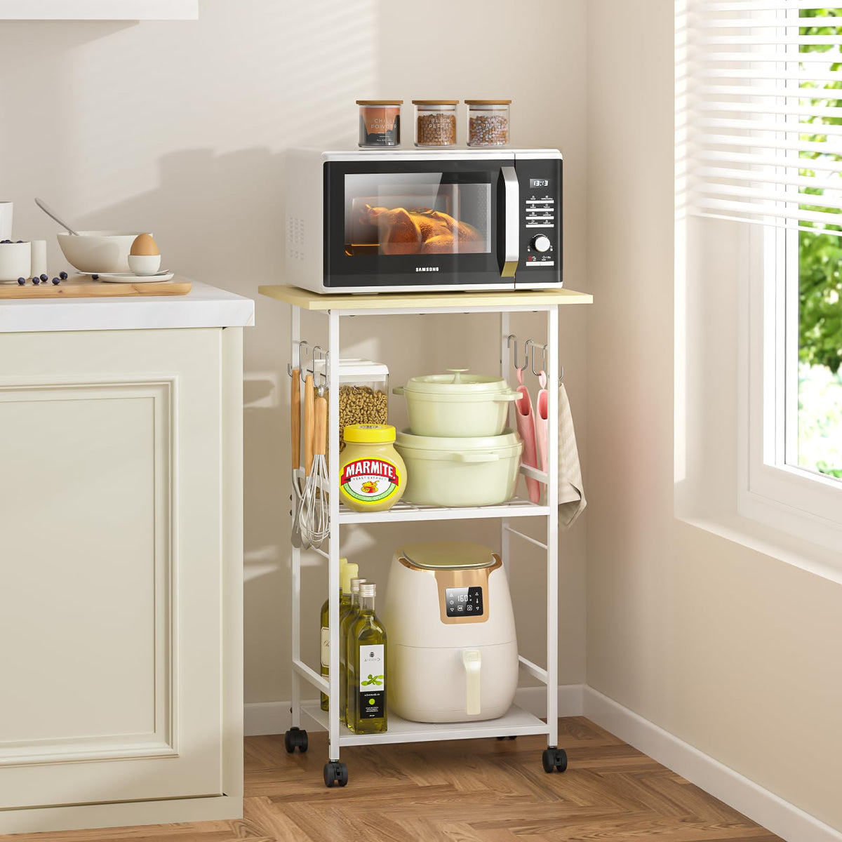 ThreeHio Rolling Kitchen Microwave Cart, 3 Tier Microwave Table Stand with Adjustable Shelf