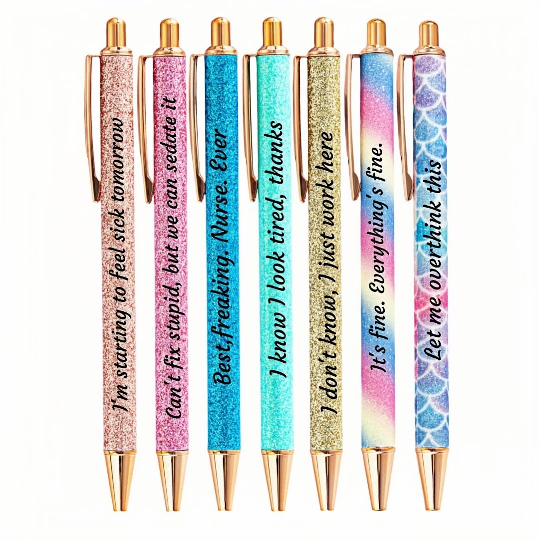 Jxueych 7 Piece Shiny Metal Ballpoint Pens Set - Funny Sarcastic Quotes for Nurses, Office & Gifts