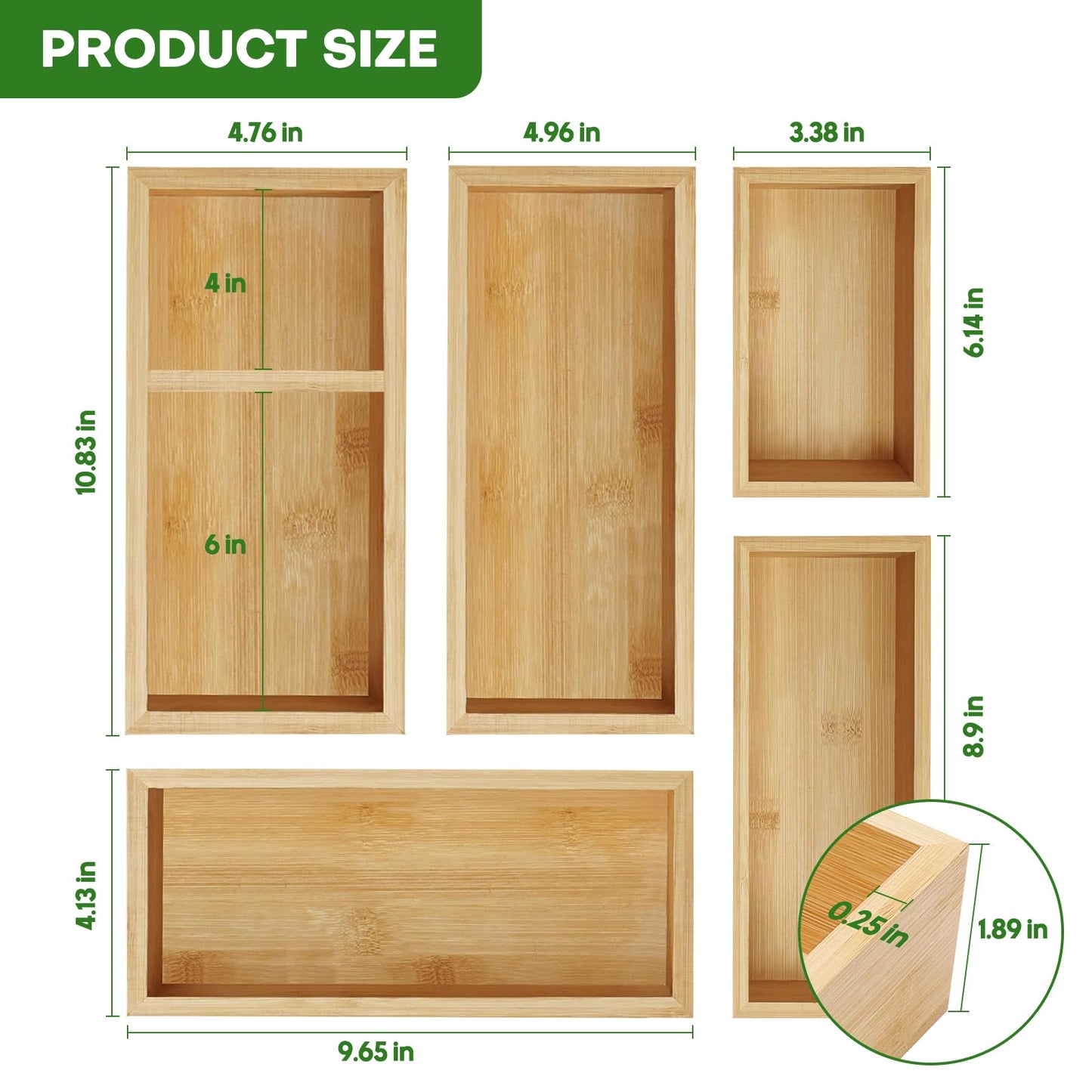 MapleGrace Bamboo Drawer Organizer Set, Individual Wood Storage Organizers
