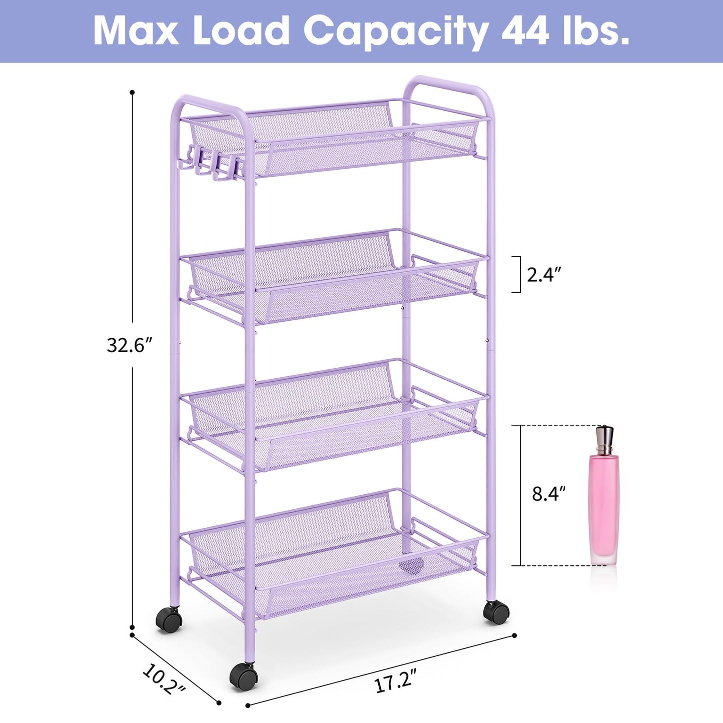 TOOLF 4 Tier Rolling Cart, Metal Utility Storage Cart with Wheels, Purple