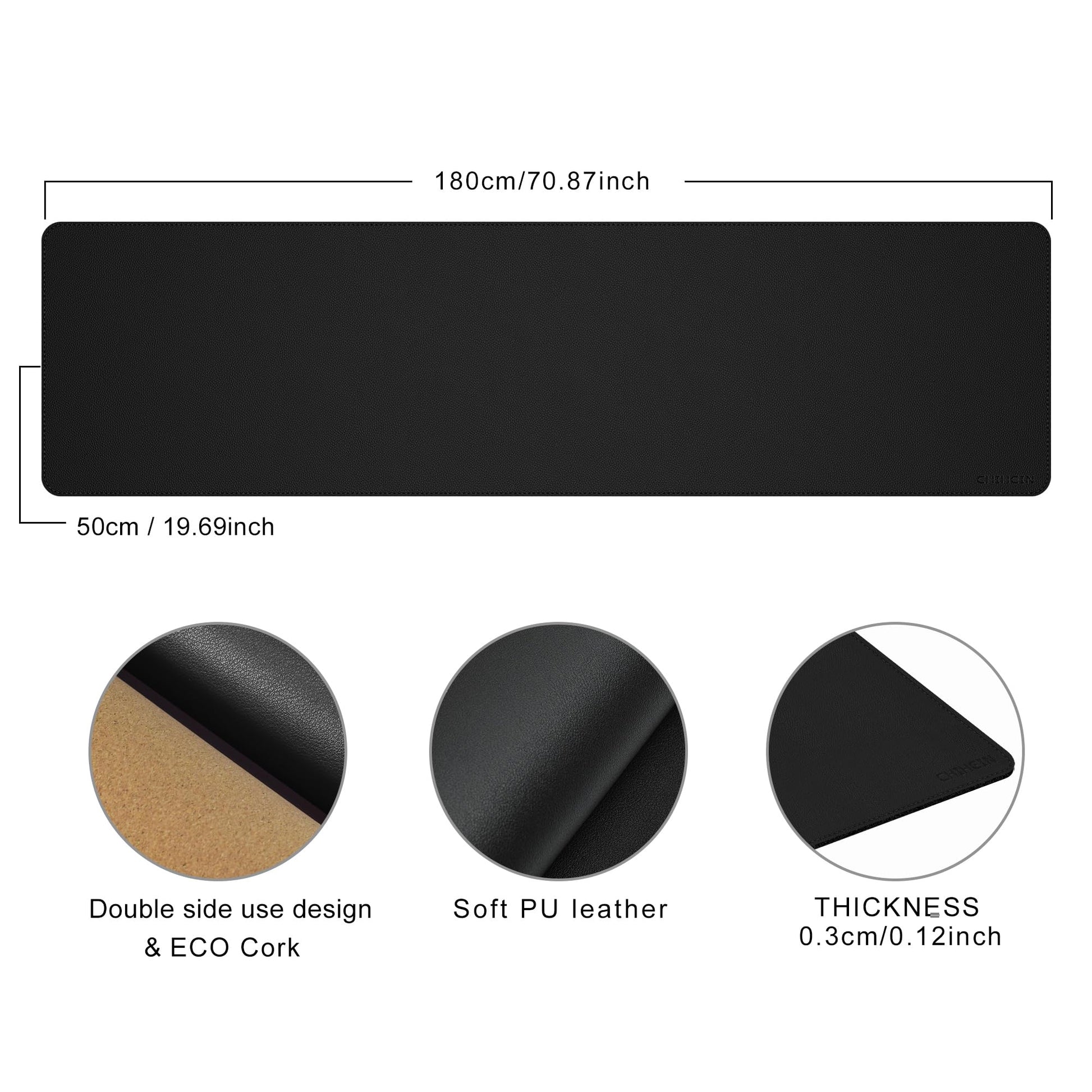 Chihein 71” x 20” Cork & PU Leather Desk Mat (Black) - Huge Mouse Pad, Double Sided Waterproof Desk