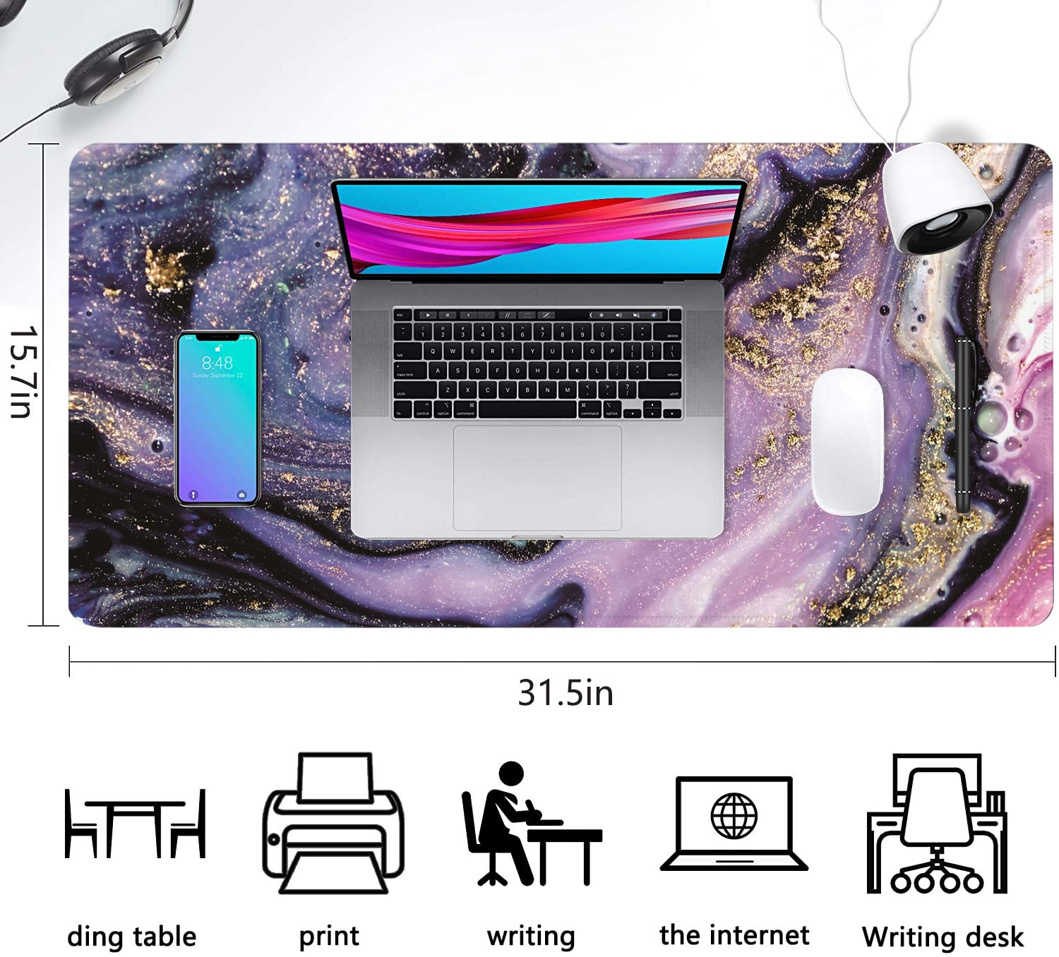 Desk Mat, Purple Marble Pattern Large Desk Pad Extended Gaming Mouse Pad, 35.4 x 15.7inch Mouse Pad