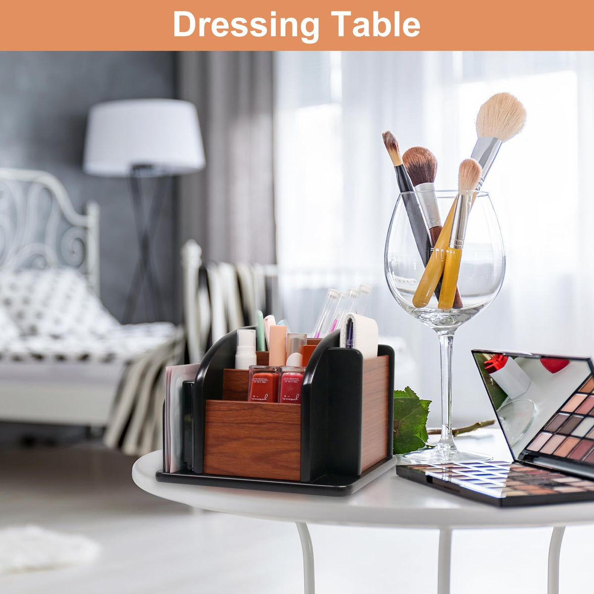Coideal Remote Control Holder Caddy, 360° Rotating Coffee Table Organizer with 6 Compartments, Wood