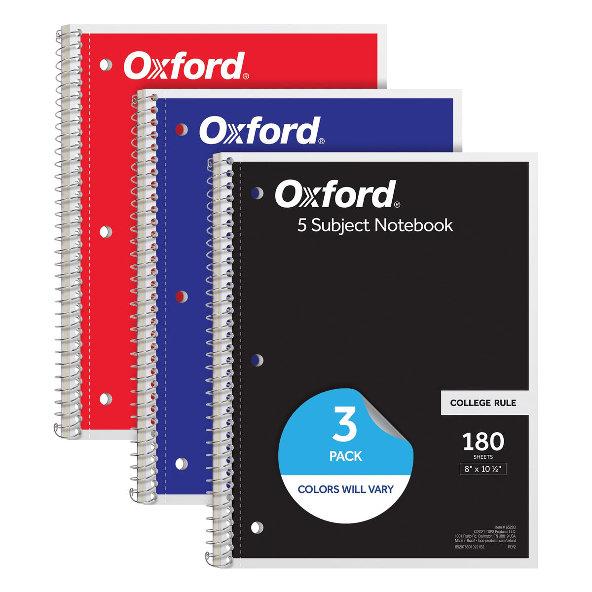 Oxford Spiral Notebooks, 3 Pack, 5 Subject, College Ruled Notebooks for School, 8 x 10.5 Inches