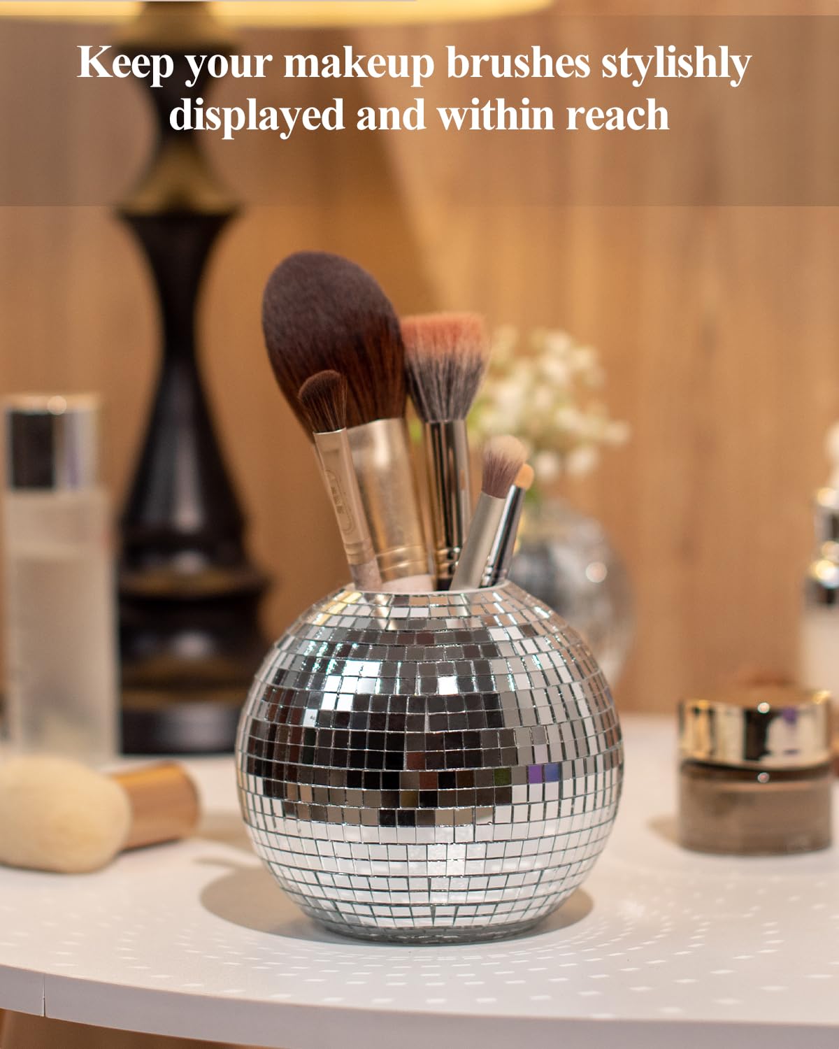 RGBDOT Disco Ball Pencil Holder for Desk - Pen & Makeup Brush Organizer with Silver Sequins, Disco