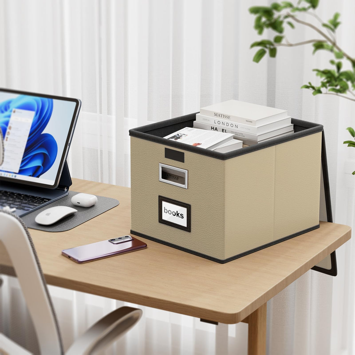 Huolewa Foldable File Organizer Box with Lids (2 Pack, Khaki, Leather)