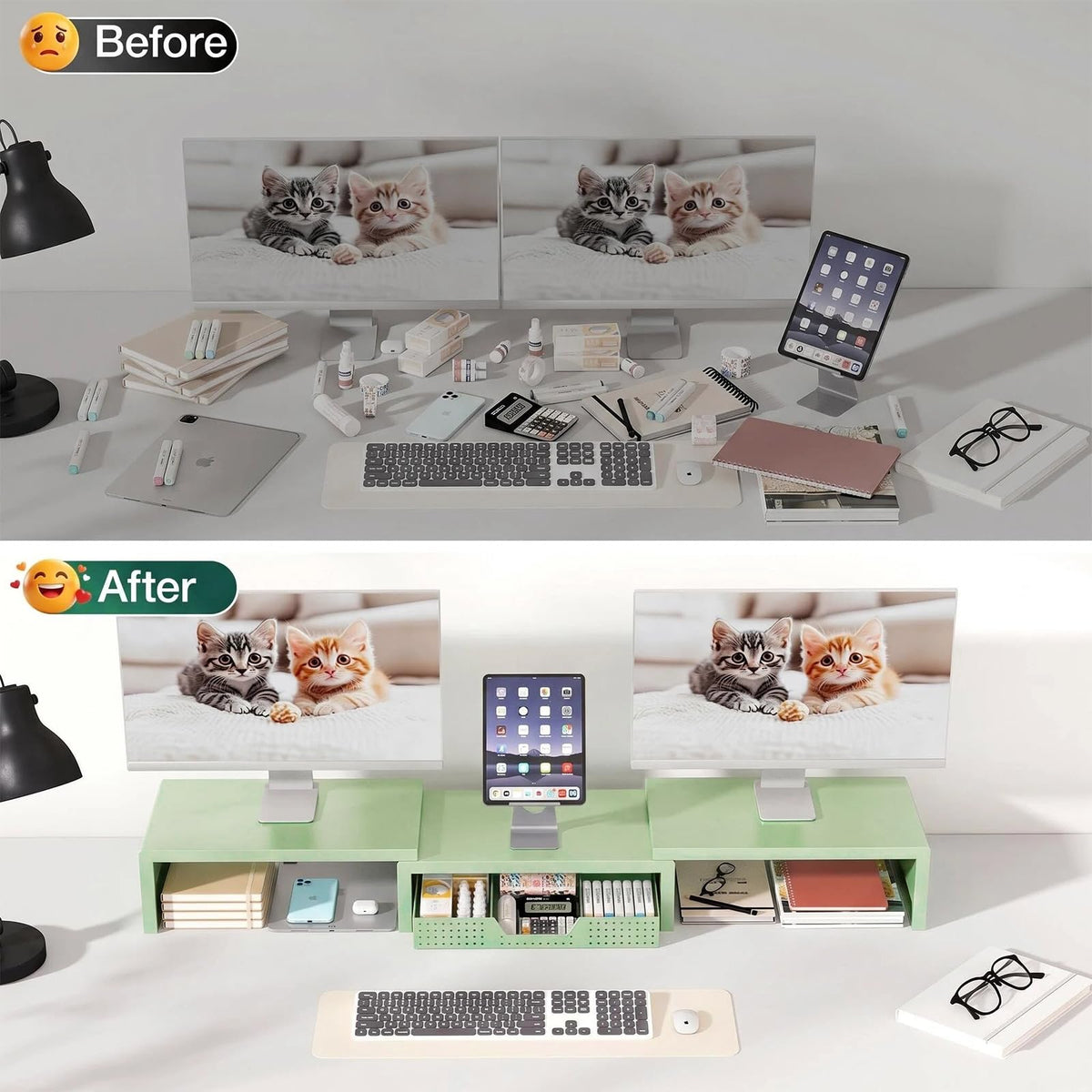 OPNICE Dual Computer Monitor Stand Riser, Desk Organizer with Drawer, Office Desk Accessories &