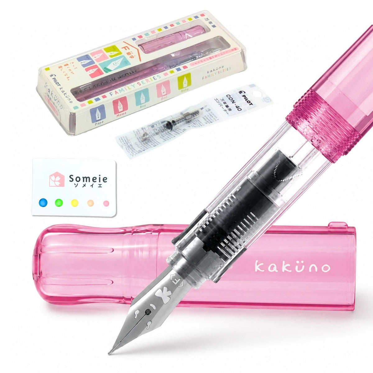 Someie Fountain Pen Set CON-40 Converter & Kakuno Fine Nib with Black Ink Cartridge & Sticky Notes