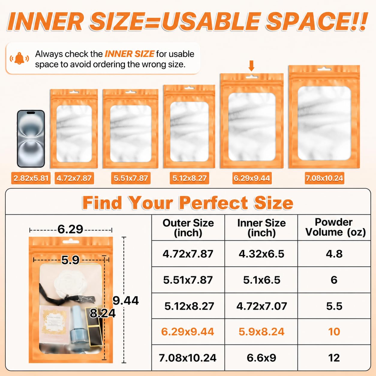 ANZNKU 100Pcs Orange Mylar Bags, Resealable Smell Proof Zip Goodie Baggies
