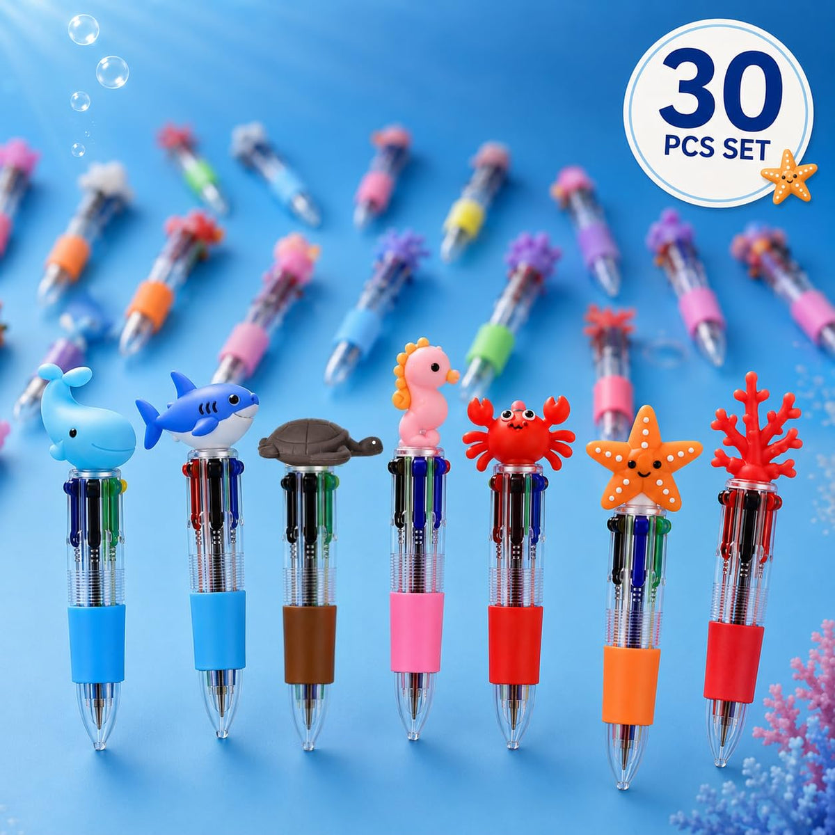 30PCS Ocean Animal Multicolor Pens, 4 Color Ballpoint Pens Bulk, Retractable Novelty Pens with
