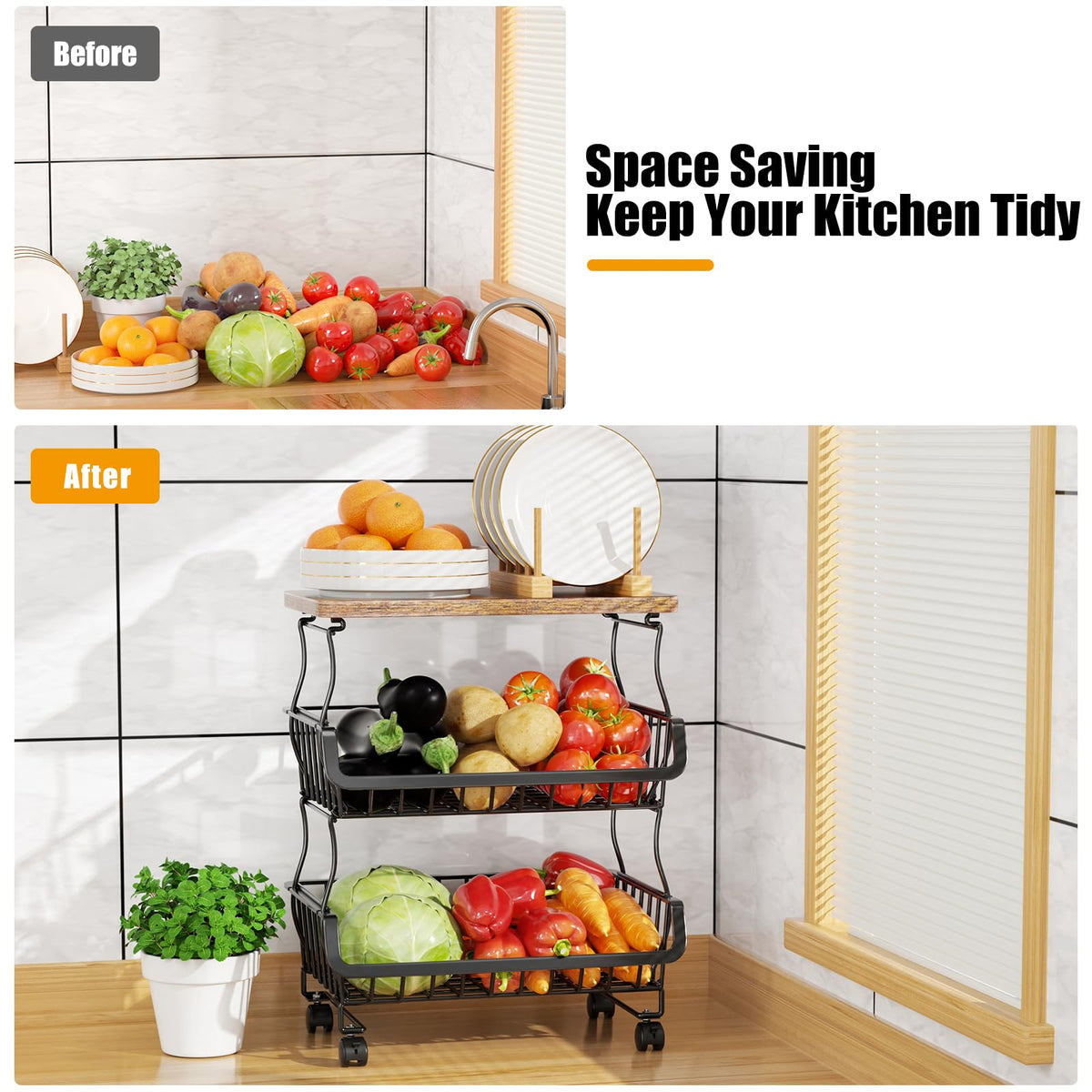 Gsiekare 5 Tier Fruit and Vegetable Basket for Kitchen with Wheels