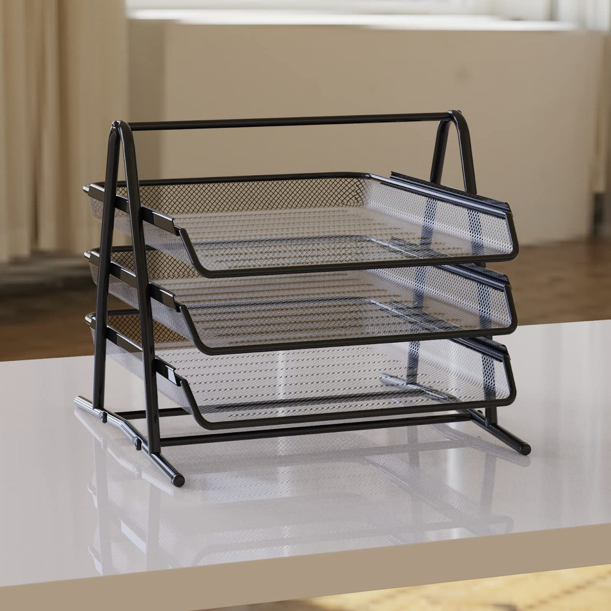 Detectalia Black Metal Mesh Document Tray, 3 Levels, A4 Folder, Desk Pedestal, File Cabinets