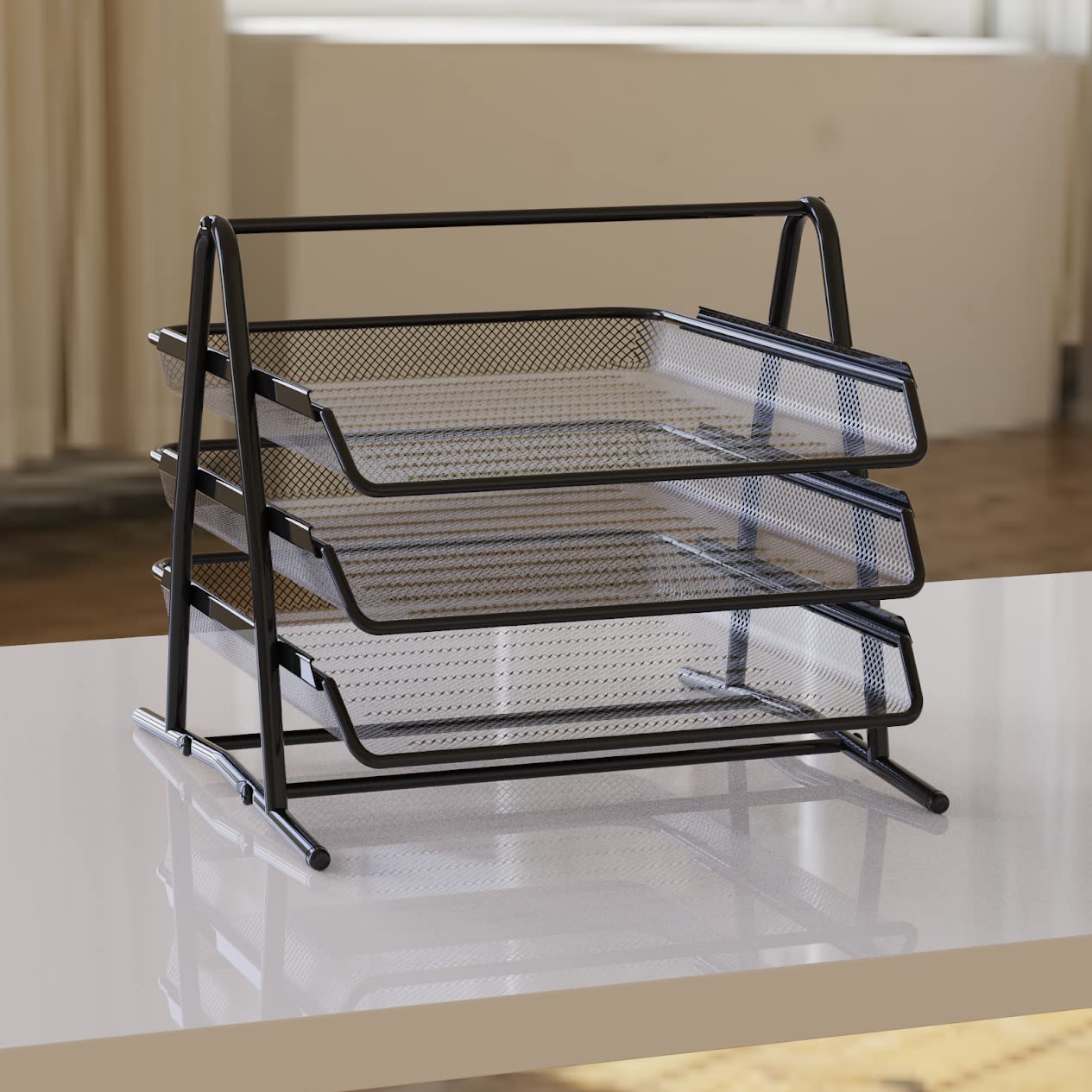 Detectalia Black Metal Mesh Document Tray, 3 Levels, A4 Folder, Desk Pedestal, File Cabinets