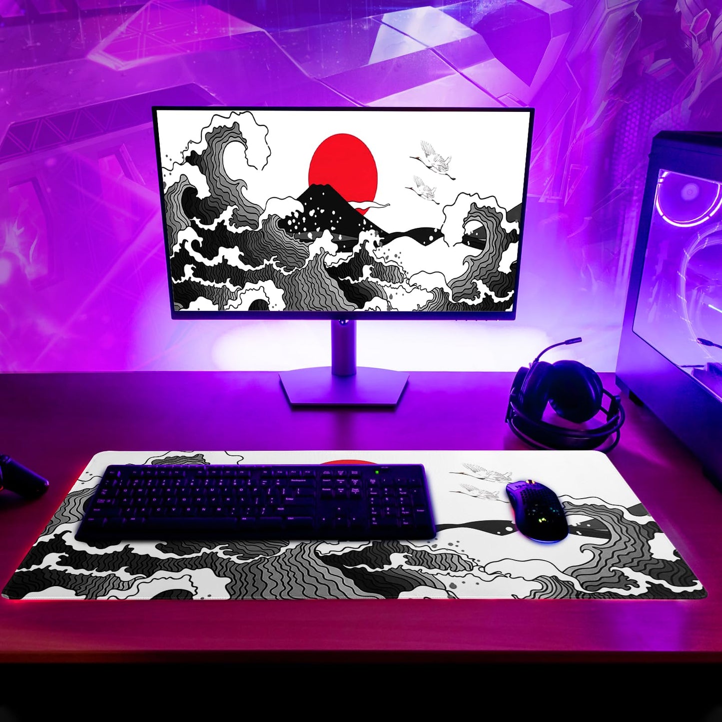 Japanese Red and Black Wave Gaming Mouse Pad Extended Large Mouse Mat Desk Pad Sea Texture Non-Slip