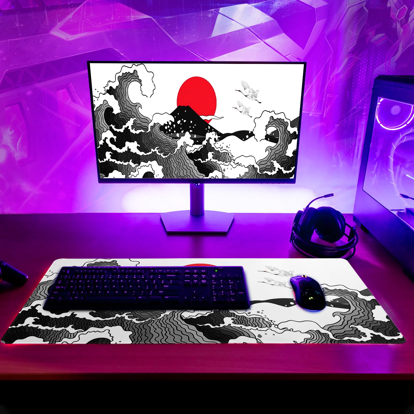 Japanese Red and Black Wave Gaming Mouse Pad Extended Large Mouse Mat Desk Pad Sea Texture Non-Slip