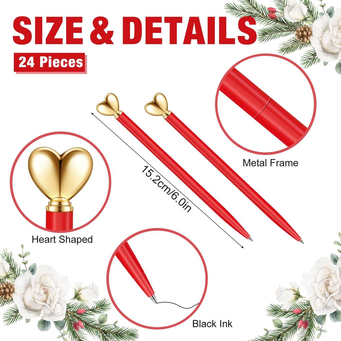 Thenshop Red 24 Pcs Heart Shaped Pens Retractable Metal Cute Pens 1.0 mm Black Ink Ballpoint