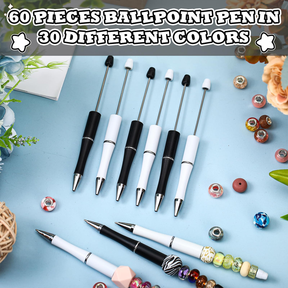 Kosiz 60 Pieces Beadable Pens Bulk Black Ink Pens,Black, White,Simple