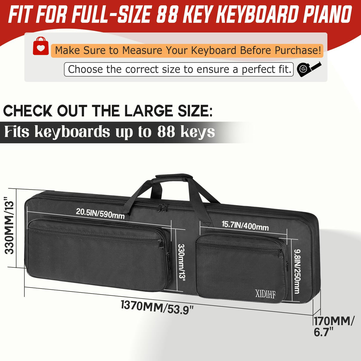 XIDIHF Slim 88-Key Keyboard Gig Bag 10mm Padded Full Protection with Adjustable Straps, 4 Pockets