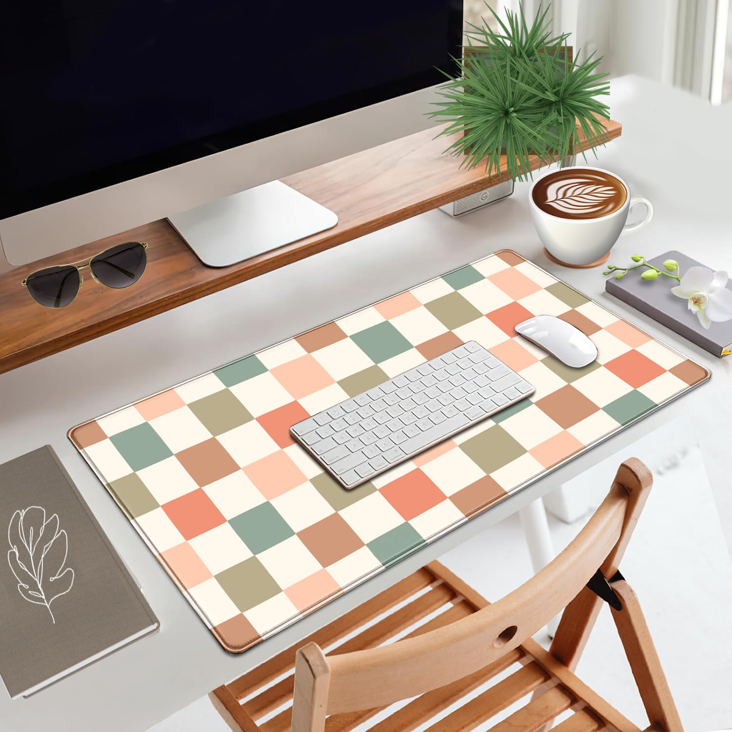 Boho Checkered Desk Mat, Retro Beige Plaid Mouse Pad Xl-31.5x15.7in-Pastel Desk Mousepad-Extended