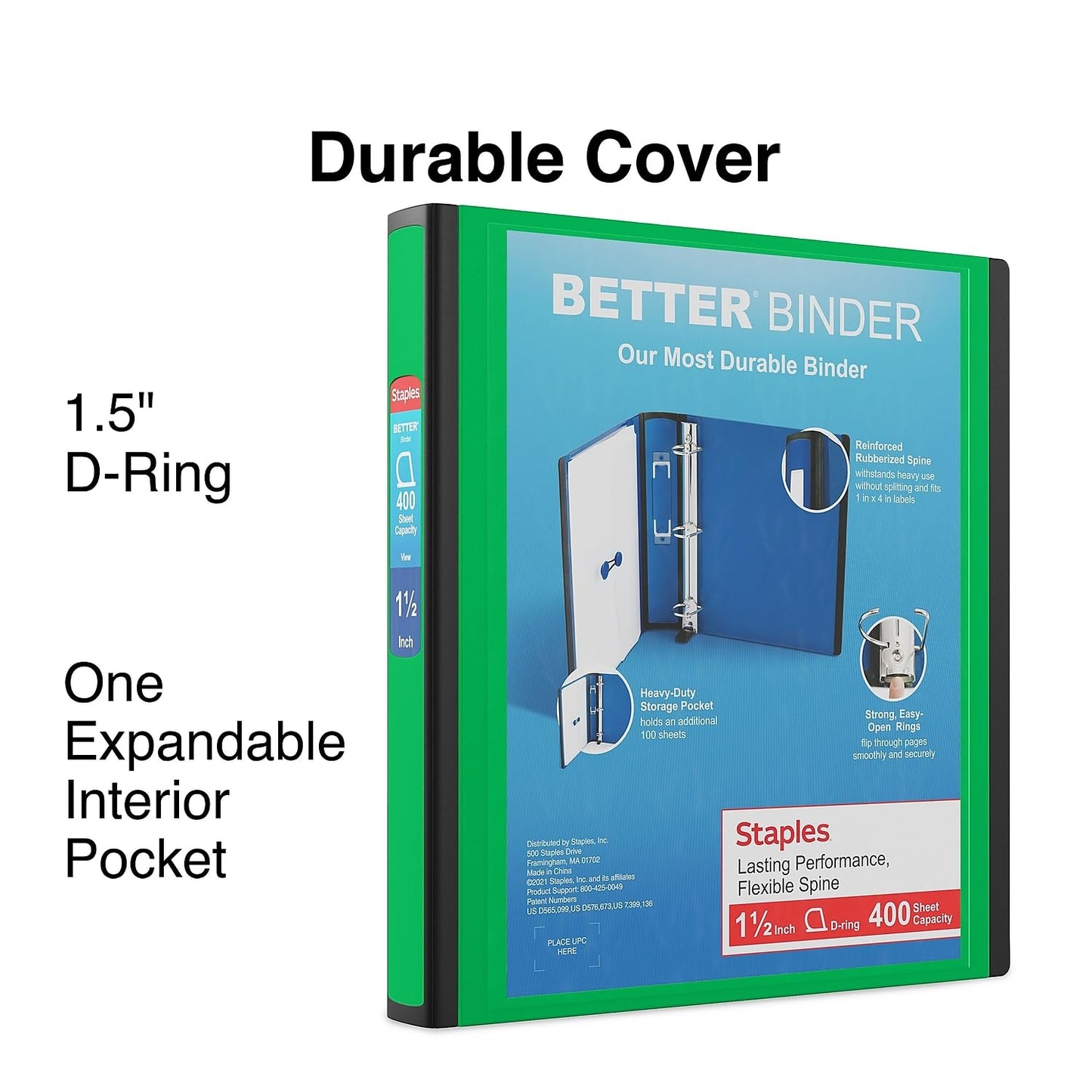 Staples Better Binder, 1.5 Inch D-Ring, Green, 400 Sheets, 3-Pack