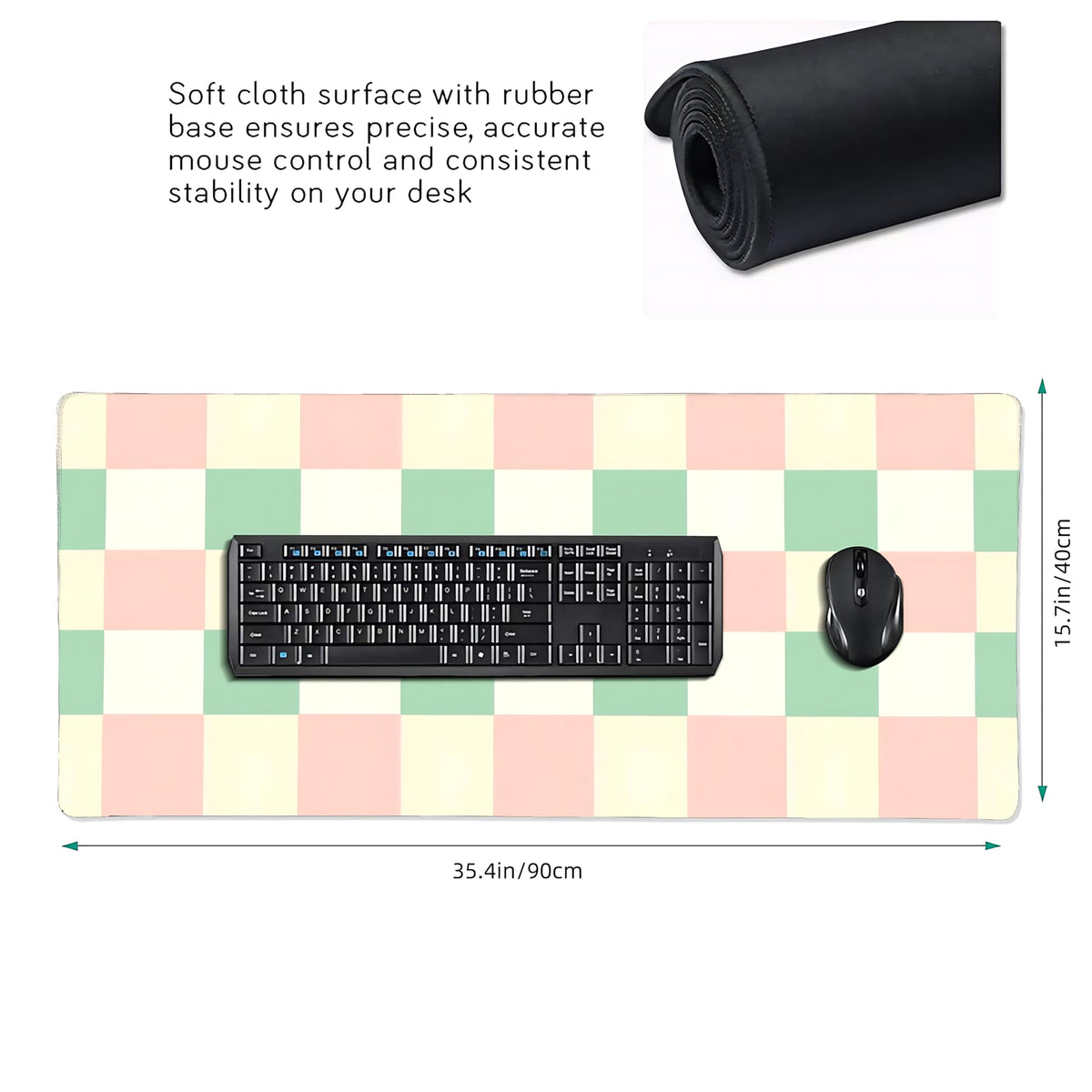 Cute Aesthetic Checkered Gaming Mouse Pad, Pastel Boho Desk Mat with Anti-Slip Base & Stitched