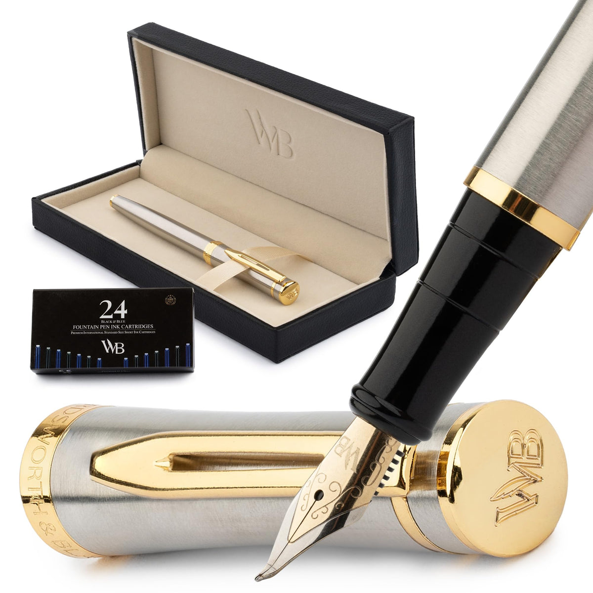 Wordsworth & Black Luxury Fountain Pen Set for Writing,Bent Nib,Silver