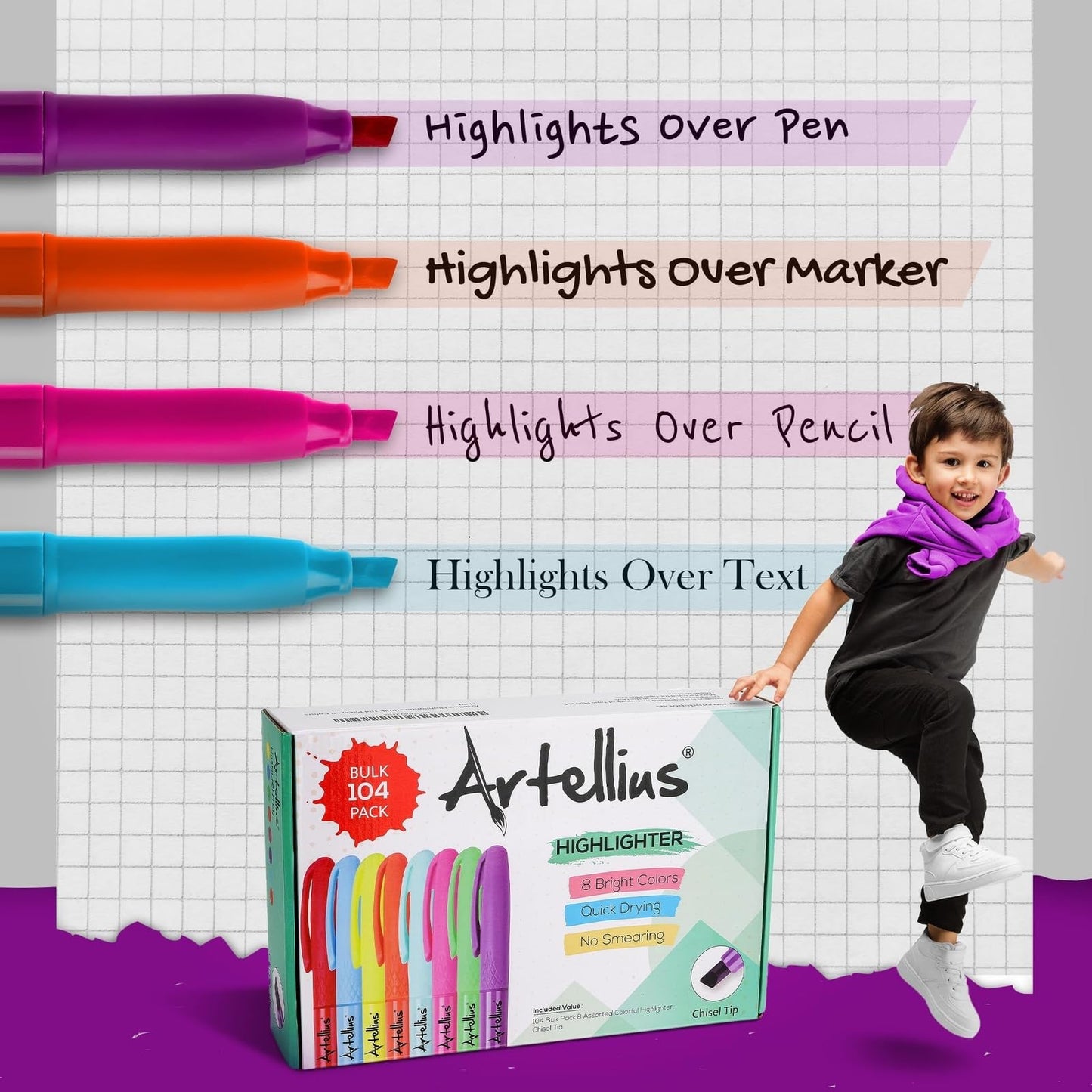 Artellius 104 Pack Vibrant Highlighters Assorted Colors Bulk Set (8 Bright Colors), Quick-Dry, Neon