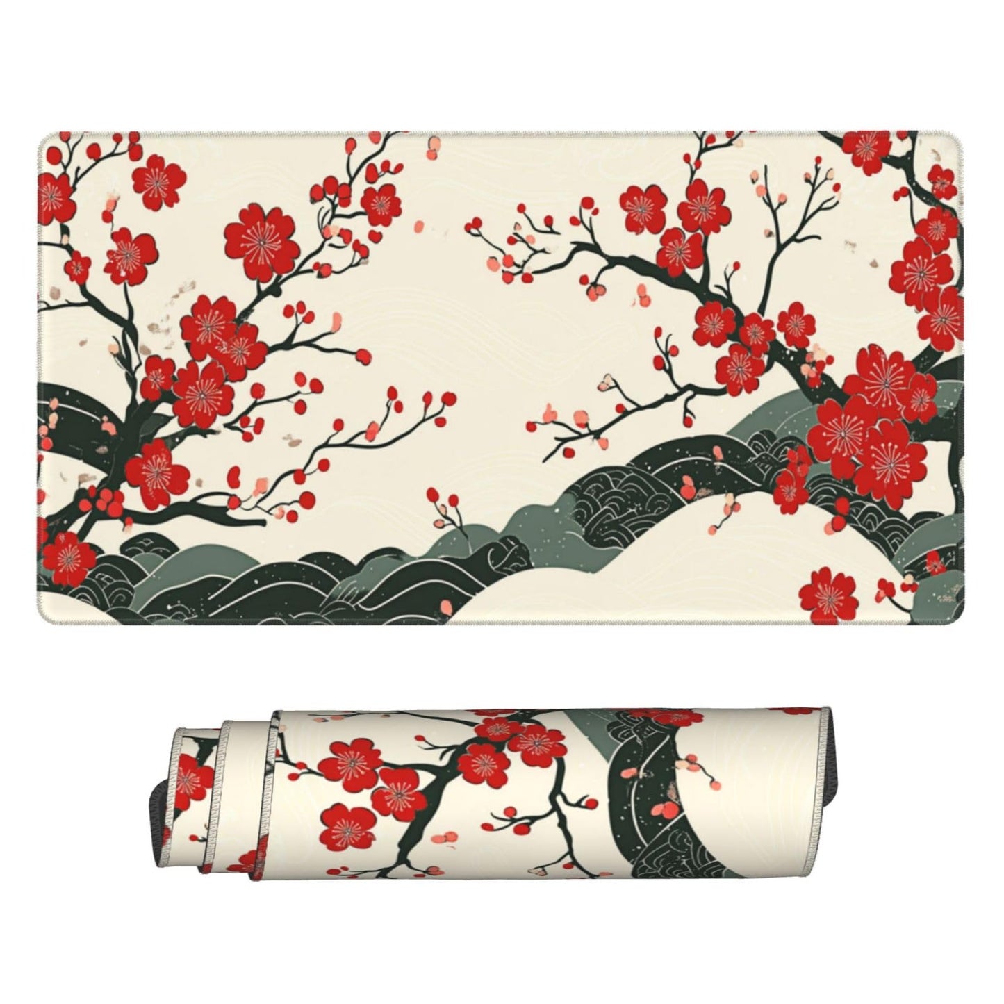 XL Desk Mat 31.5x15.7 Inch, Japanese Cherry Blossom Wave Mouse Pad Keyboard