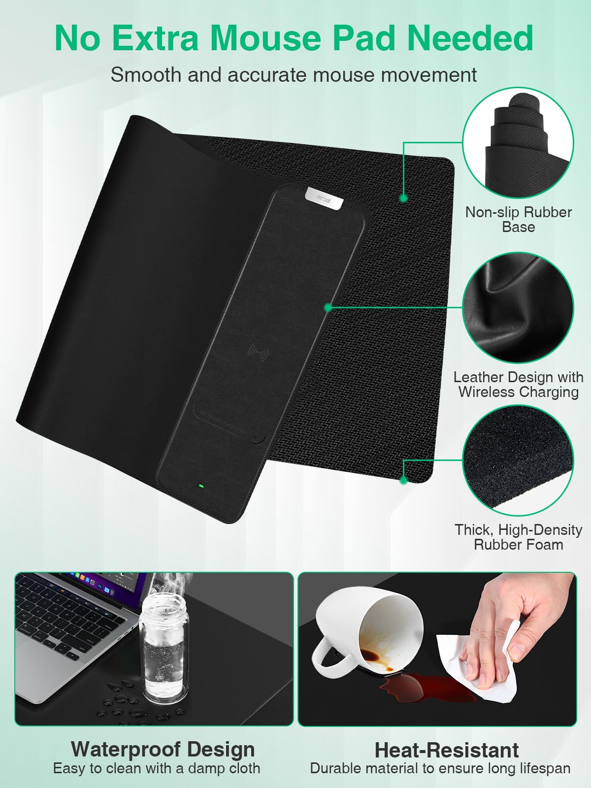 Mouse Pad with Wireless Charging, Black Mousepad Long Desk Mat, Large Gaming Mouse Pad, Soft Mouse