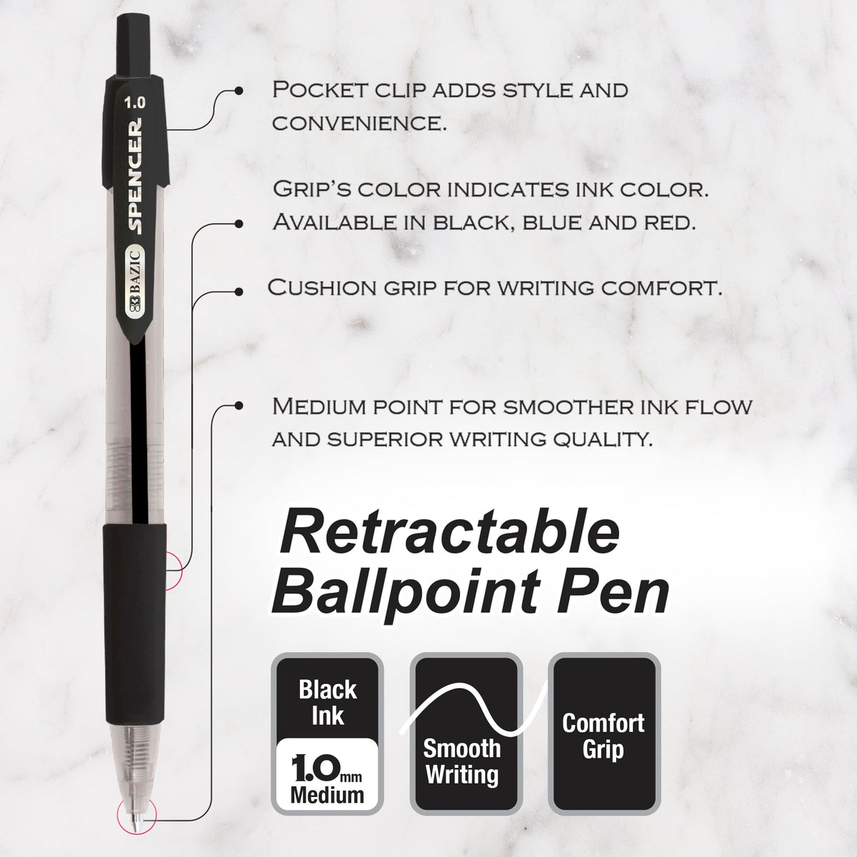 BAZIC PRODUCTS Spencer Black Ink Retractable Pens, 1.0 mm, 5Ct, 24-Box