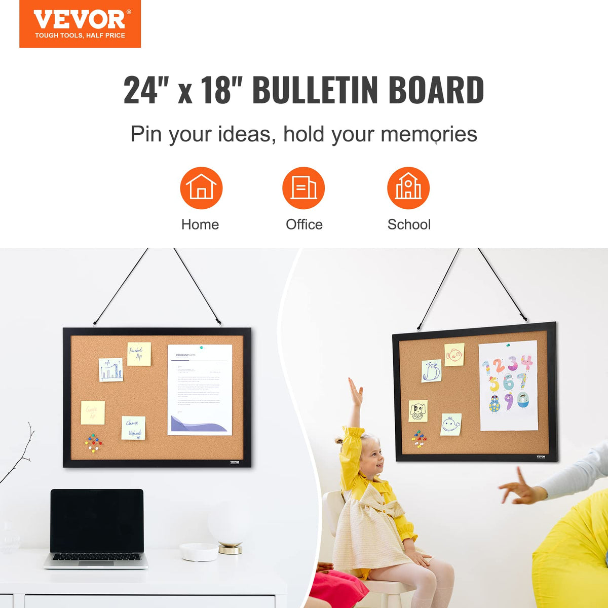 VEVOR Cork Board for Walls, Double-Sided Cork 24" x 18" Bulletin Board Vision Board, Push Pin Board