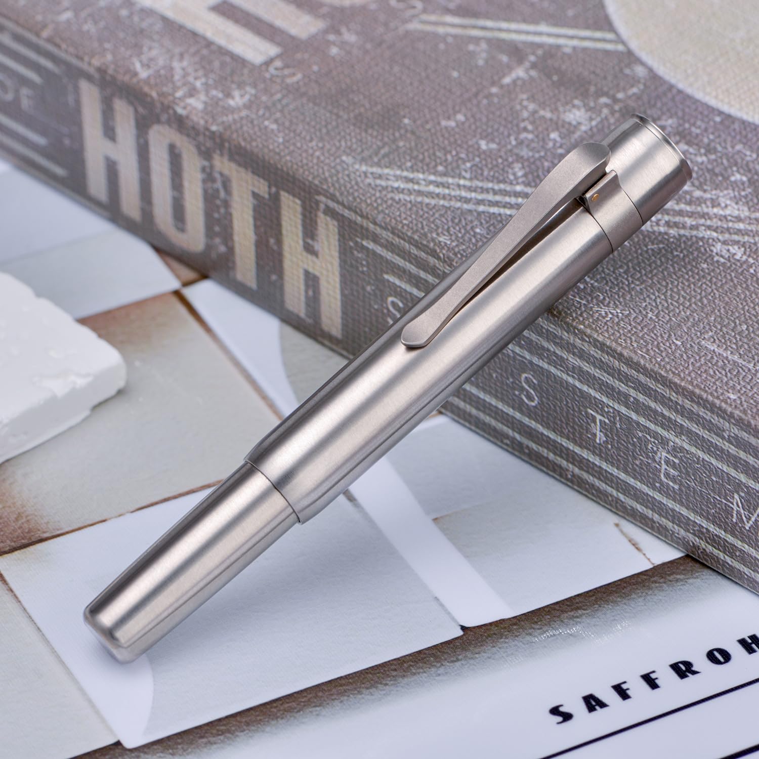 HONG DIAN M2 Titanium Mini Fountain Pen, Extra Fine Soft Nib & Sleek Shape Metal Short Pocket
