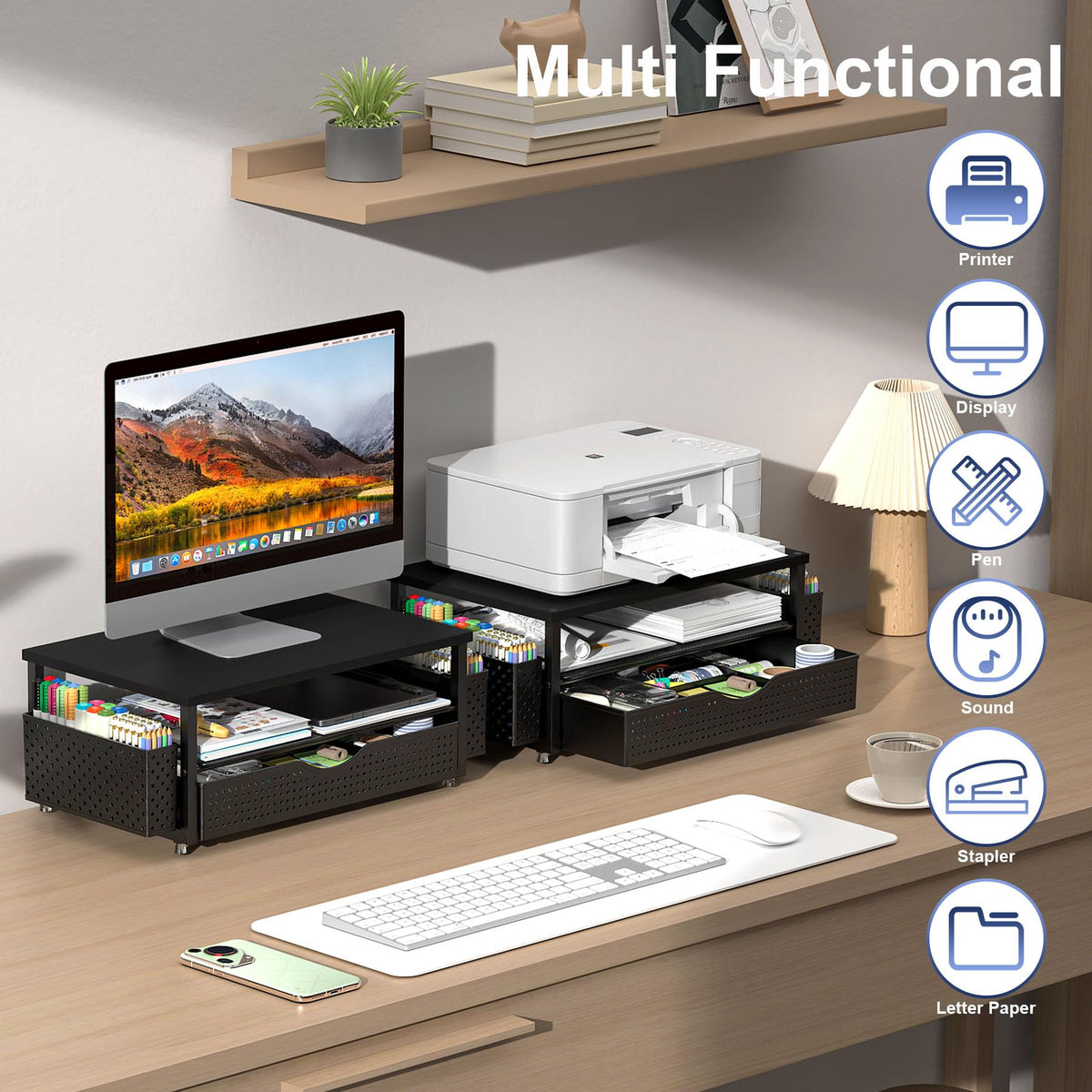 Spacrea Desk Organizers and Accessories, Printer Stand with Storage, Black