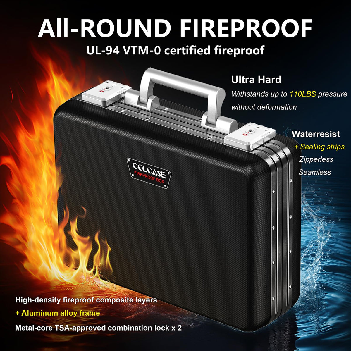 COLCASE Fireproof Document Box with Aluminum Frame - Ultra Hard Box