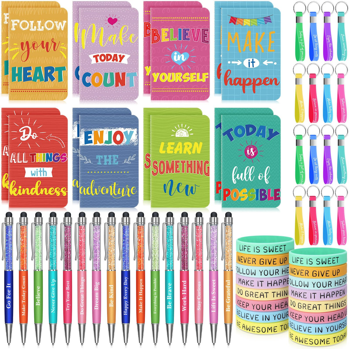 PerKoop 64 Pcs Inspirational Gift Bulk Notebooks Ballpoint Pen, Colorful
