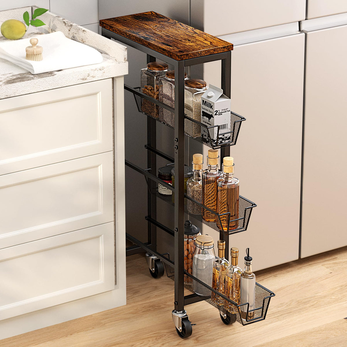 Honest Slim Storage Cart 4-Tier Slim Rolling Cart with Metal Frame and Wooden Top, 6.3 Inches