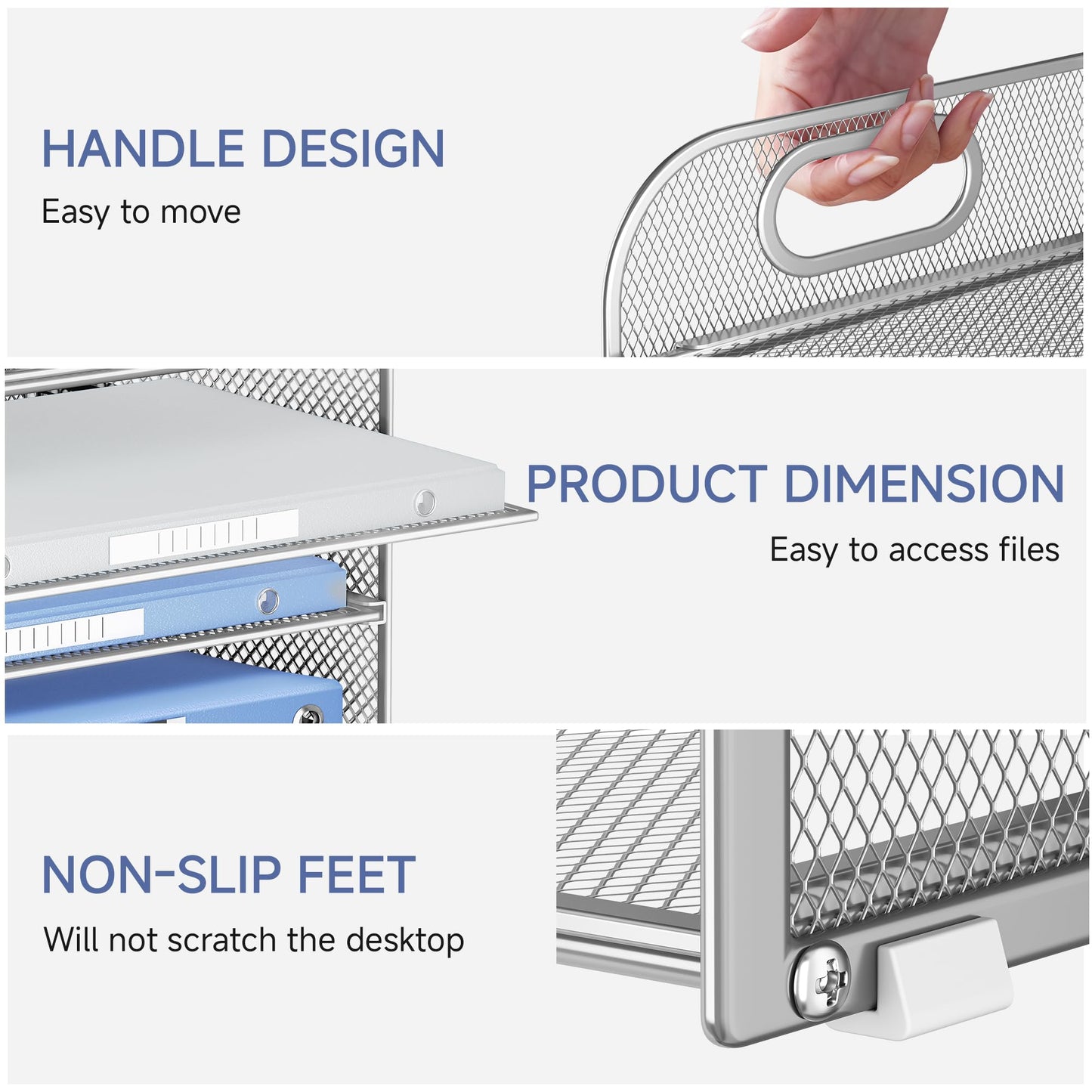Lavatino 4-Tier Paper Organizer Trays - Silver Mesh File Folder Sorter with Handles, Desk Letter