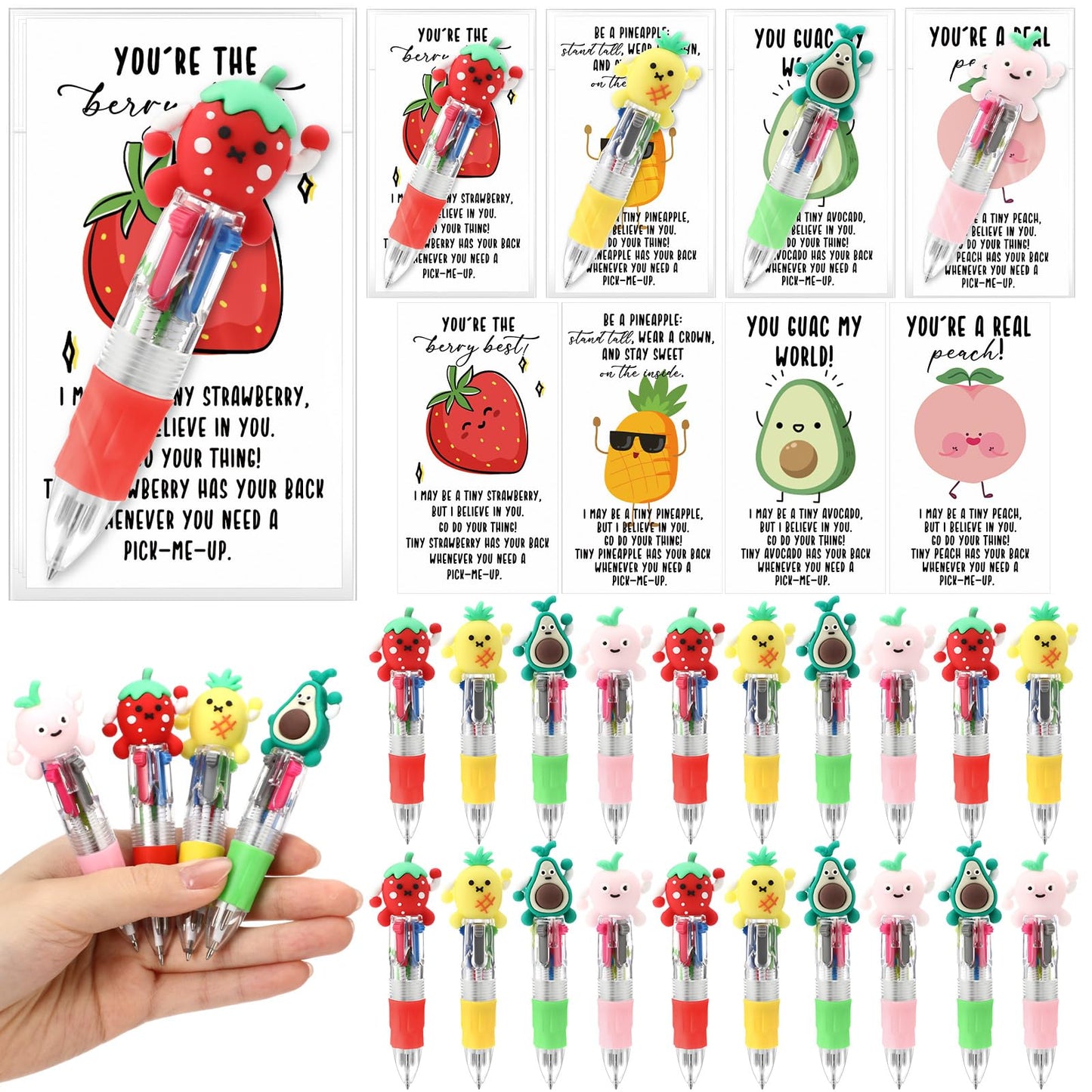 Sayglossy 24 Sets Fruit Party Favor Pens Gifts Bulk, 4 with Positive Cards