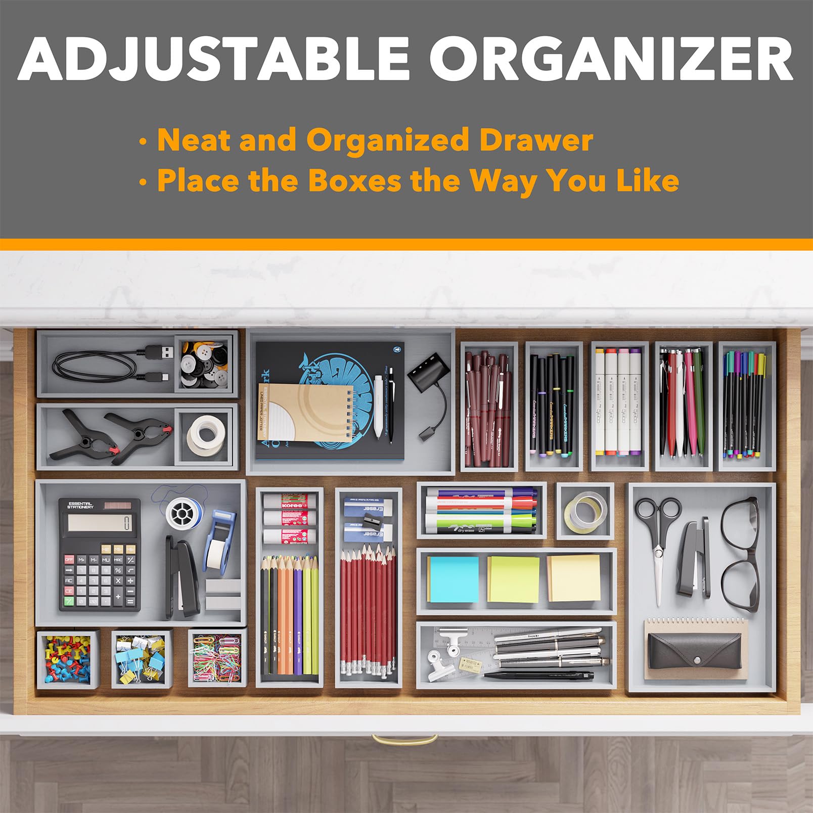 SpaceAid 21-Piece Bamboo Drawer Organizer Storage Boxes Set, Wood Tray Junk Drawer Organizers