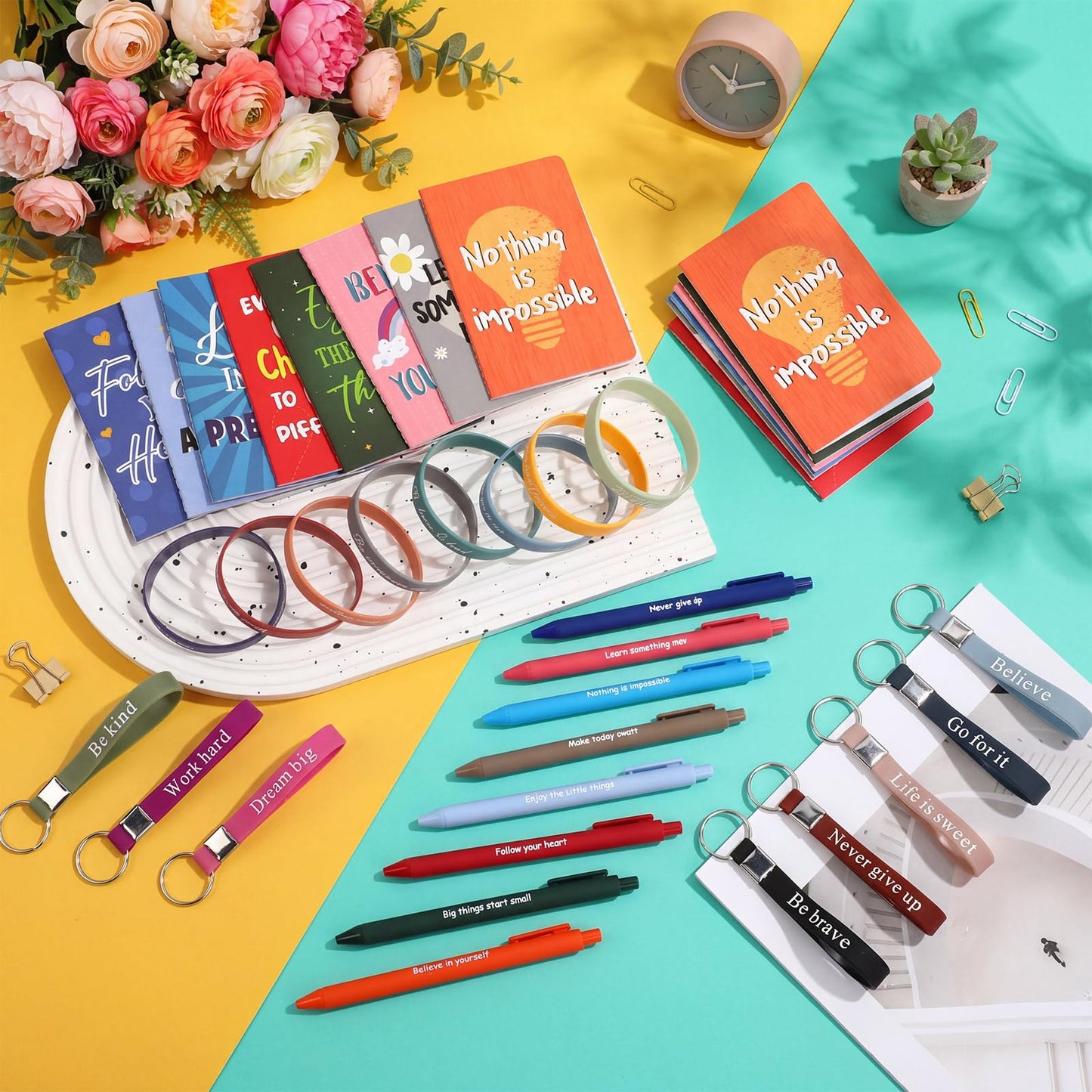 PerKoop 64 Pcs Inspirational Gift Bulk Notebooks Ballpoint Pen, Bright