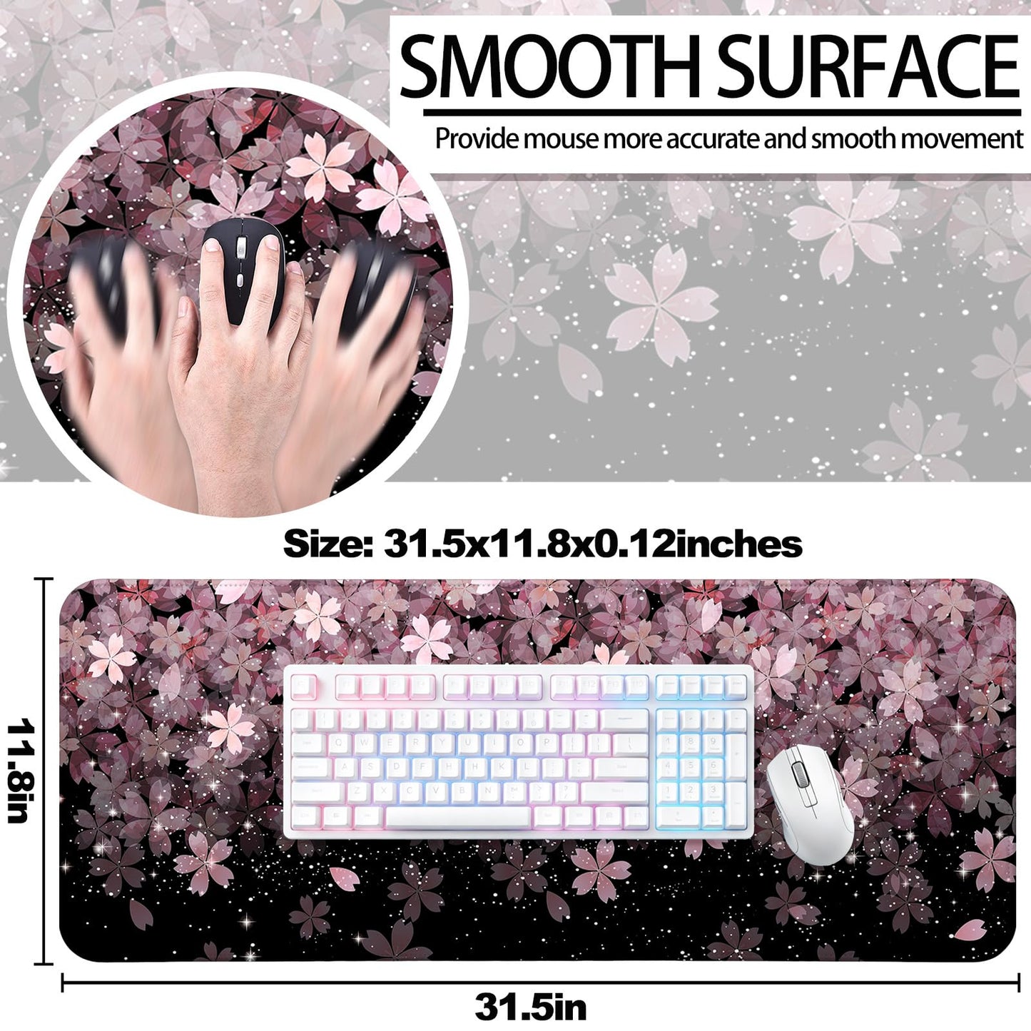 JIANG100 Japanese Cherry Blossom Gaming Desk Mat, Extended Flower Mouse Pad