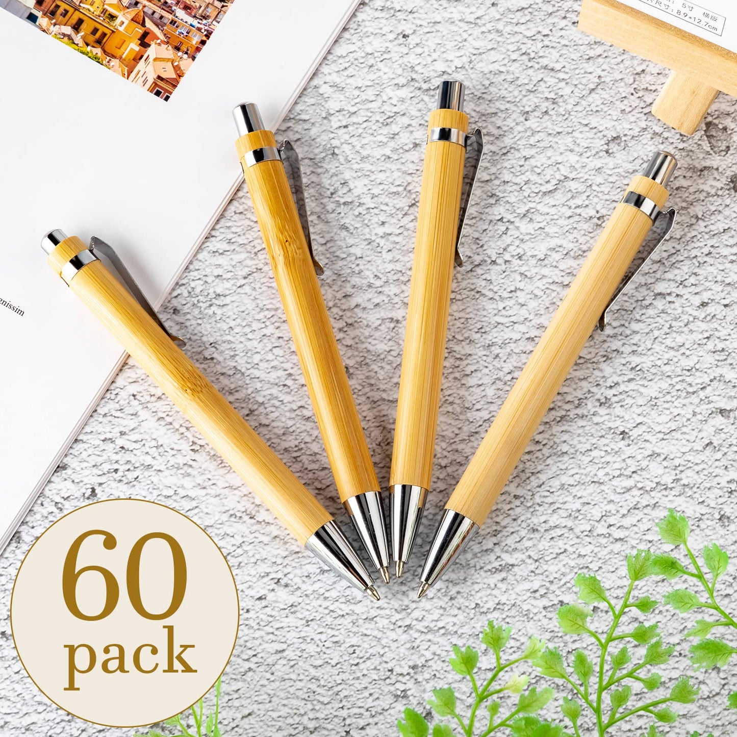 Leelosp 60 Pcs Bamboo Pen Retractable Ballpoint Pen Black Ink 1 mm Sustainable for Writing Office