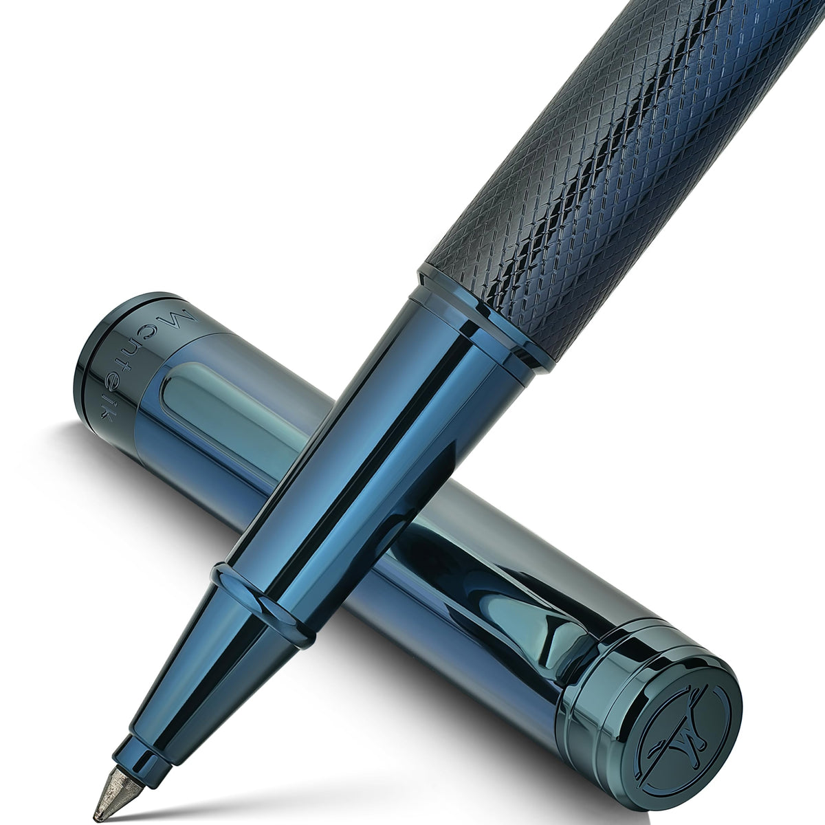 MCNTEIK Electroplated Blue Rollerball Pen, Stunning Luxury Pen with Mesh Texture Design、Schmidt Ink
