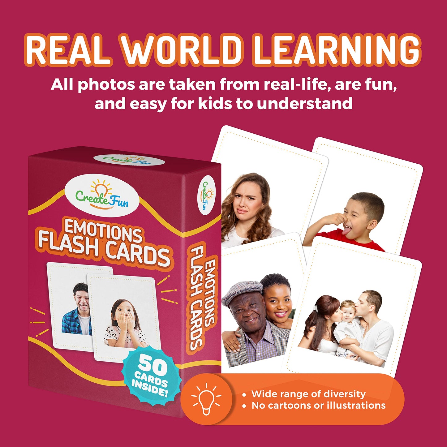 CreateFun 50 Emotion Flash Cards V1, Real Photo Feelings for Autism,Aphasia