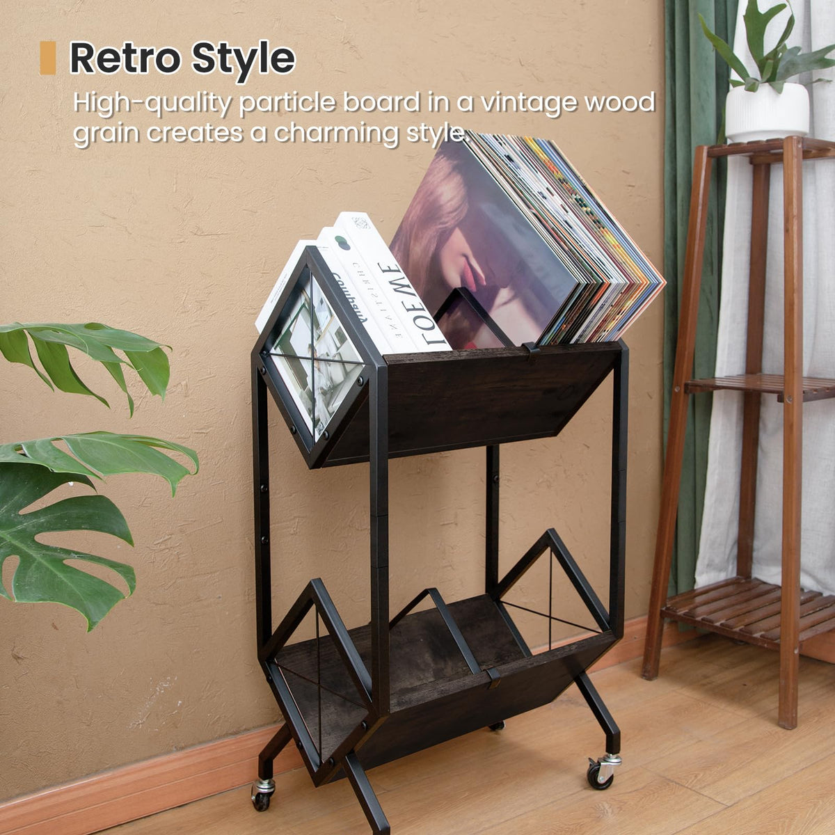 SwaaVee Vinyl Record Storage Holder with Wheels, 2-Tier Record Holder 160-200 LP with Dividers