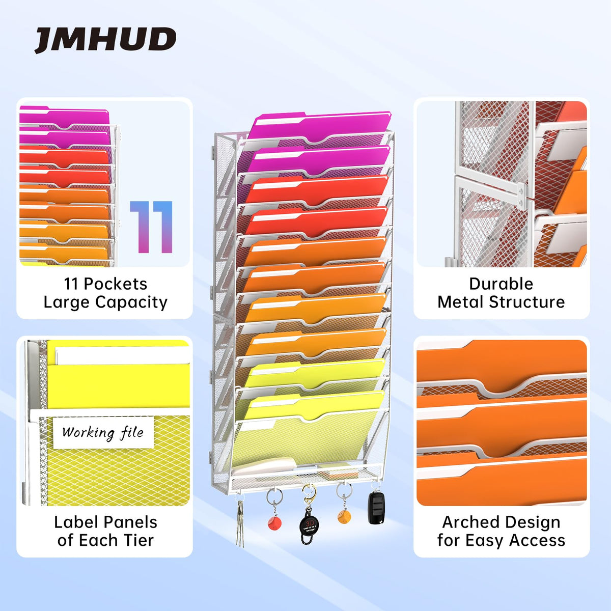 11-Tier Wall File Organizer with Base and Hooks, Hanging Organizer, White