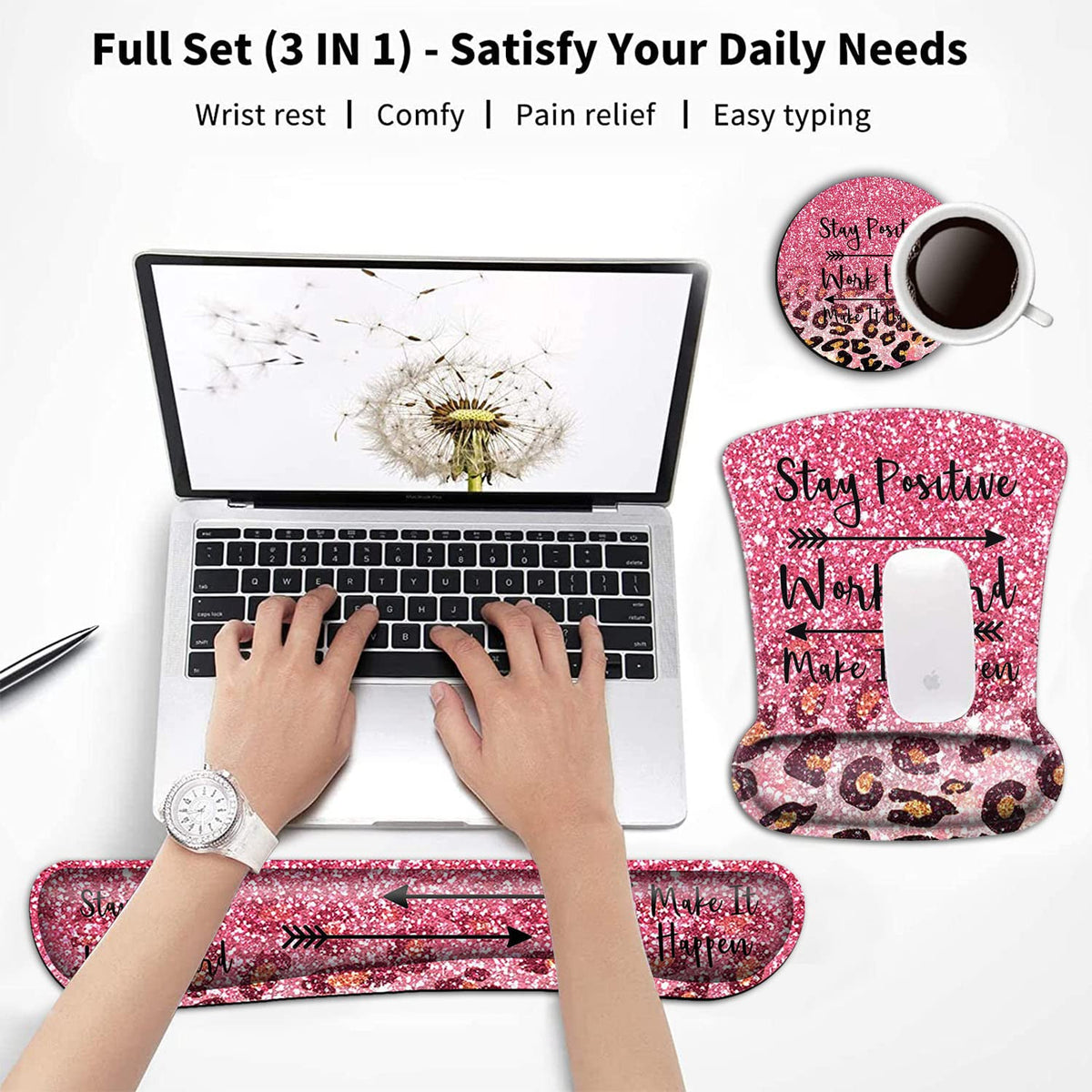 Keyboard Wrist Rest and Mouse Pad Wrist Support Set,Stay Positive Work Hard and Make It Happen Cute