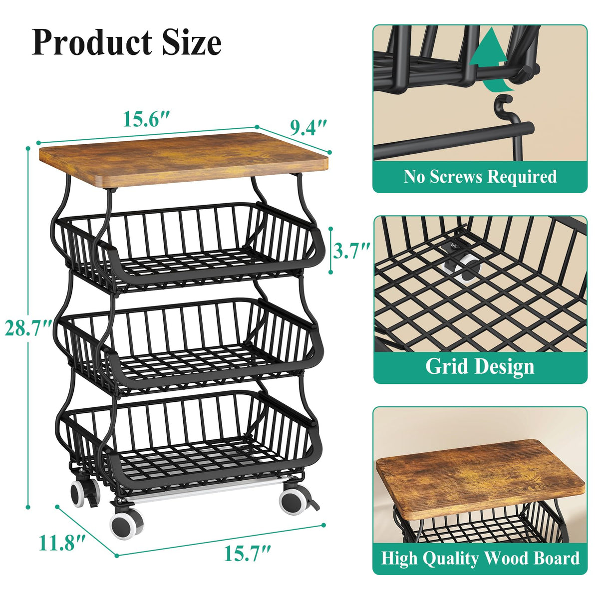SAYZH 4-Tier Fruit and Vegetable Basket Stand for Kitchen, Wood Top, Black