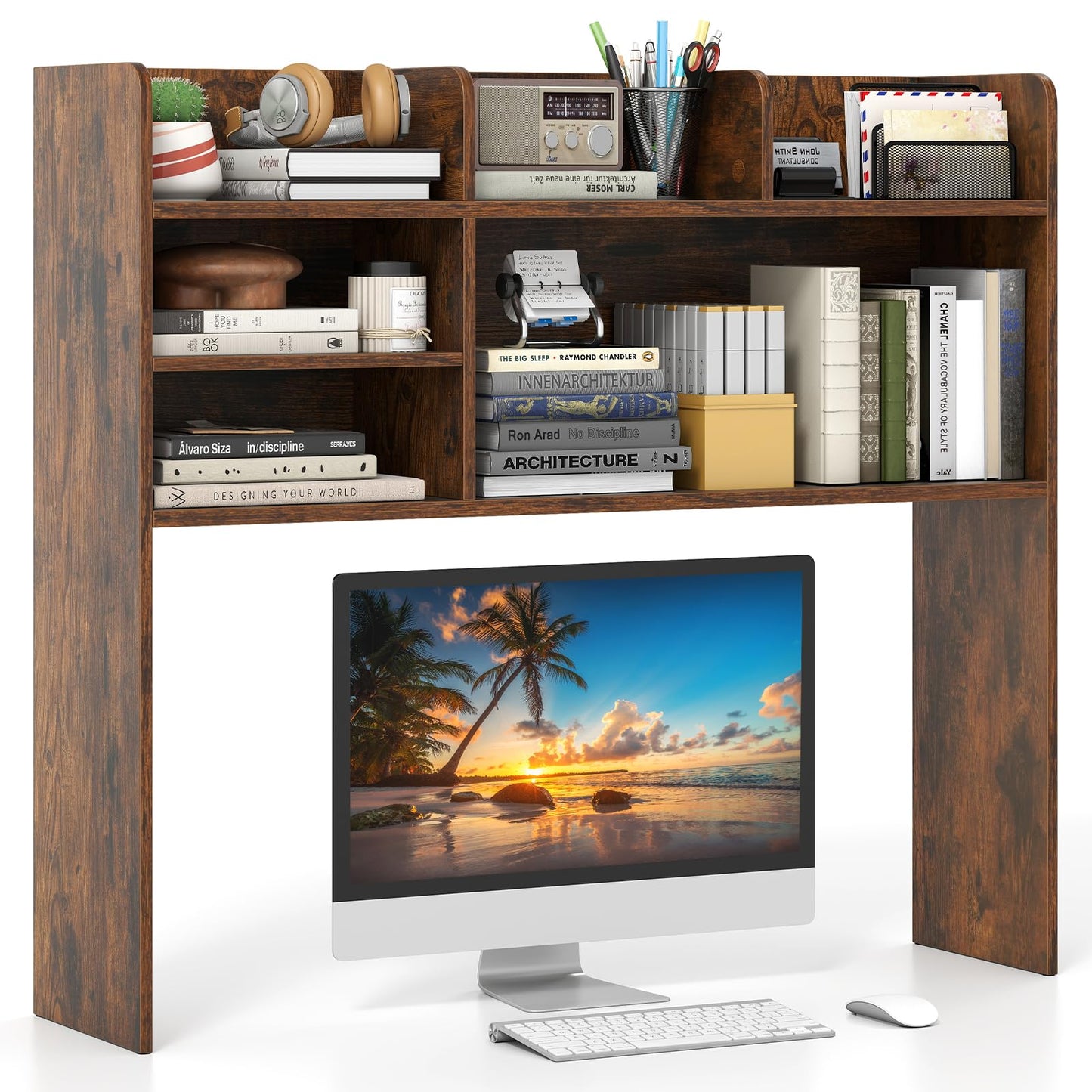 GIANTEX Desktop Bookshelf, 37" Desk Hutch Dorm for Computer Up to 32 Inch, Countertop Hutch w/6